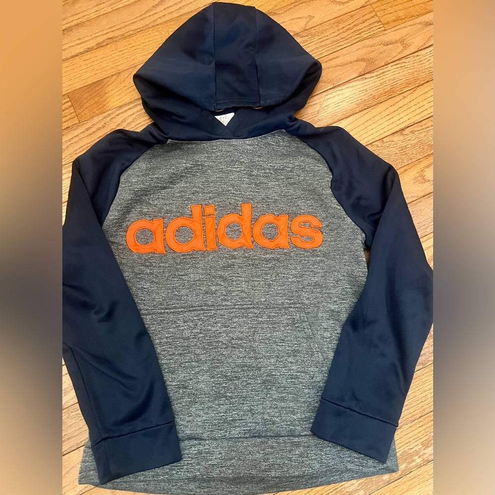 Adidas Kids' Blue and Gray Hoodie with Orange Logo YL 14/16